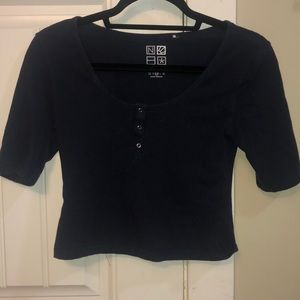 Cropped navy blue button down shirt